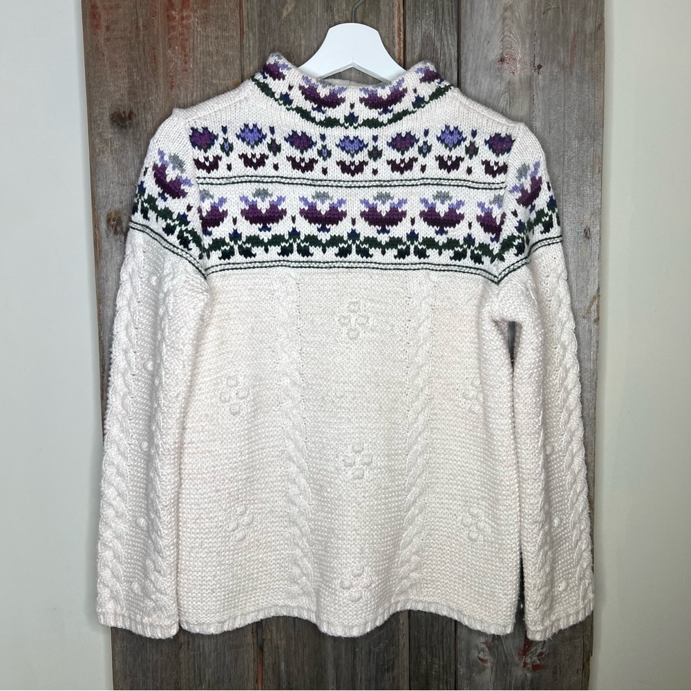 Lands' End Wool Blend Mock Neck Floral Chunky Knit Sweater Granny Size Small